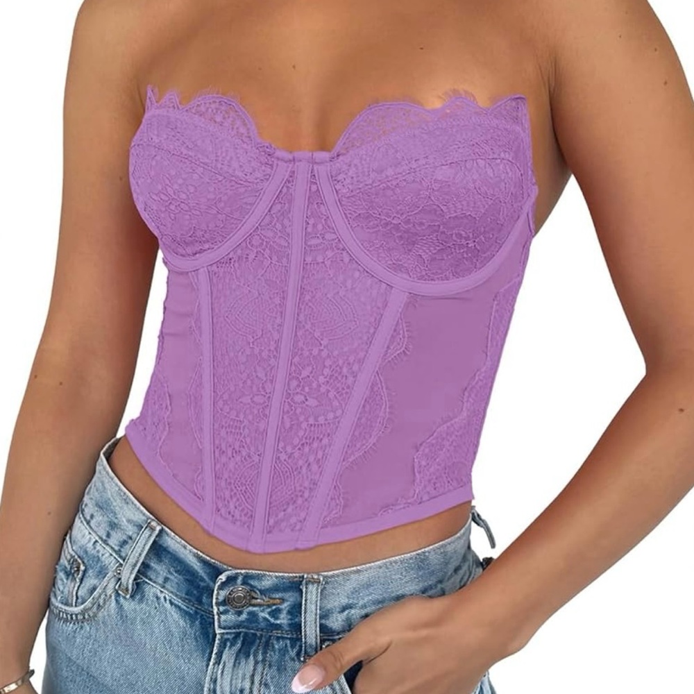 Women’s Lace Mesh Sleeveless, Backless, Strapless Boned Bustier Corset Crop Top
